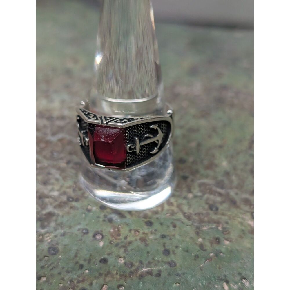 Mens Sterling Silver Red Gemstone Nautical Anchor Ring Size 11